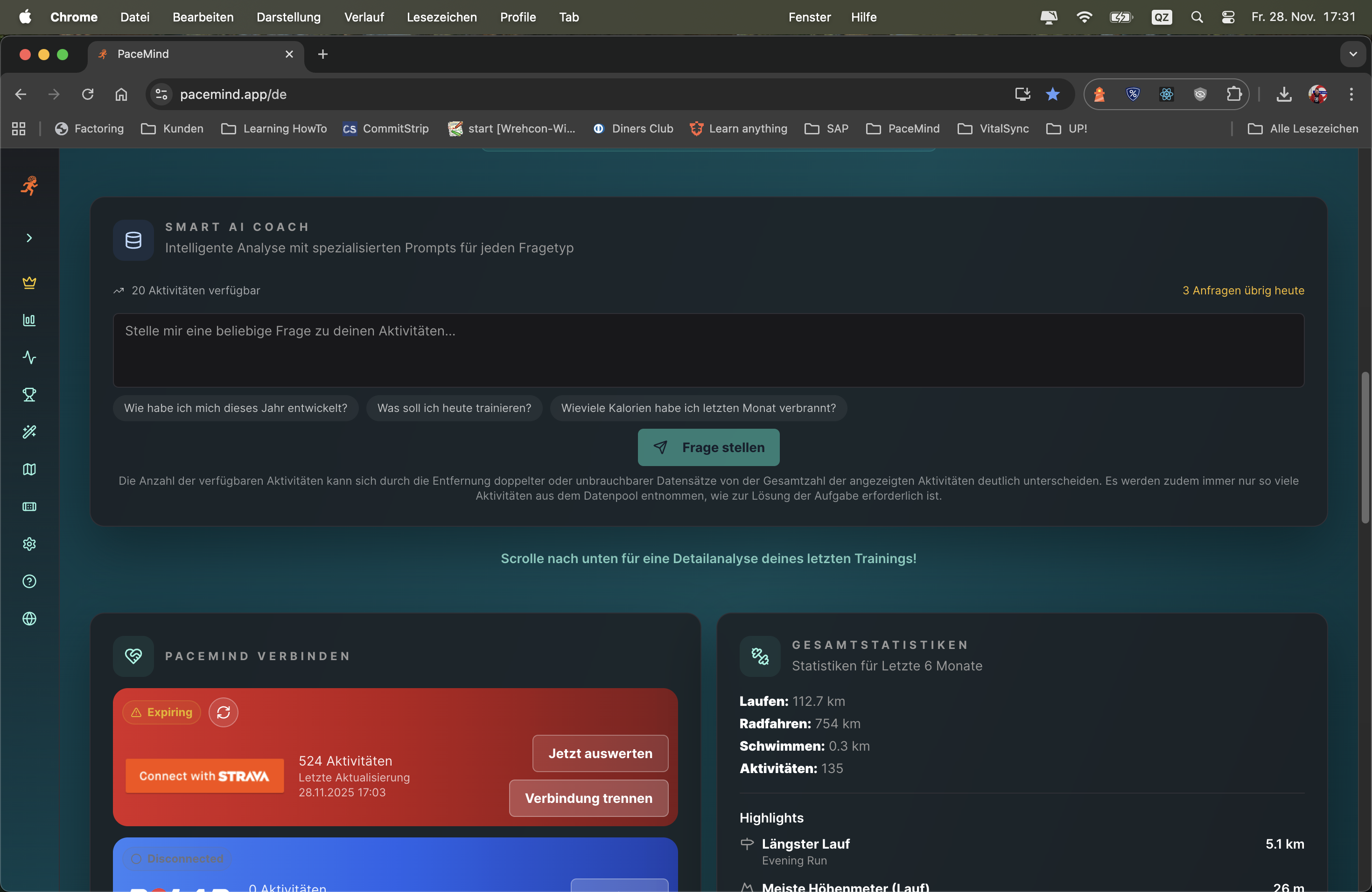 Smart AI Coach - Eingabefeld für freie Fragen zum Training